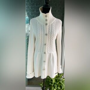 Calvin Klein Antique White Long Length Cable Knit Button Down Cardigan Large